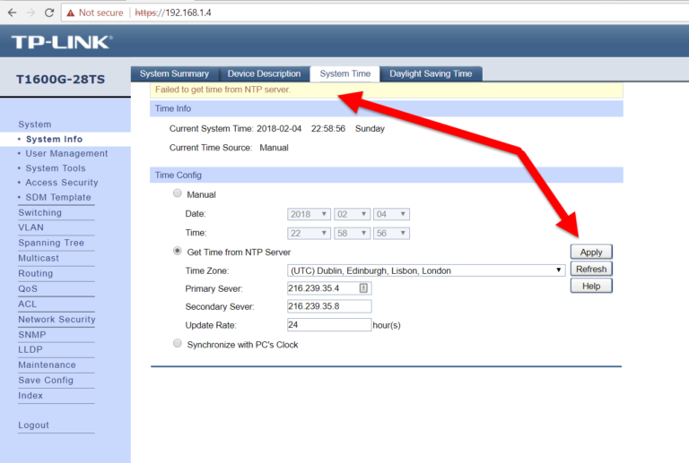Setting default gateway for NTP access on TP-LINK T2600G-28TS network switch